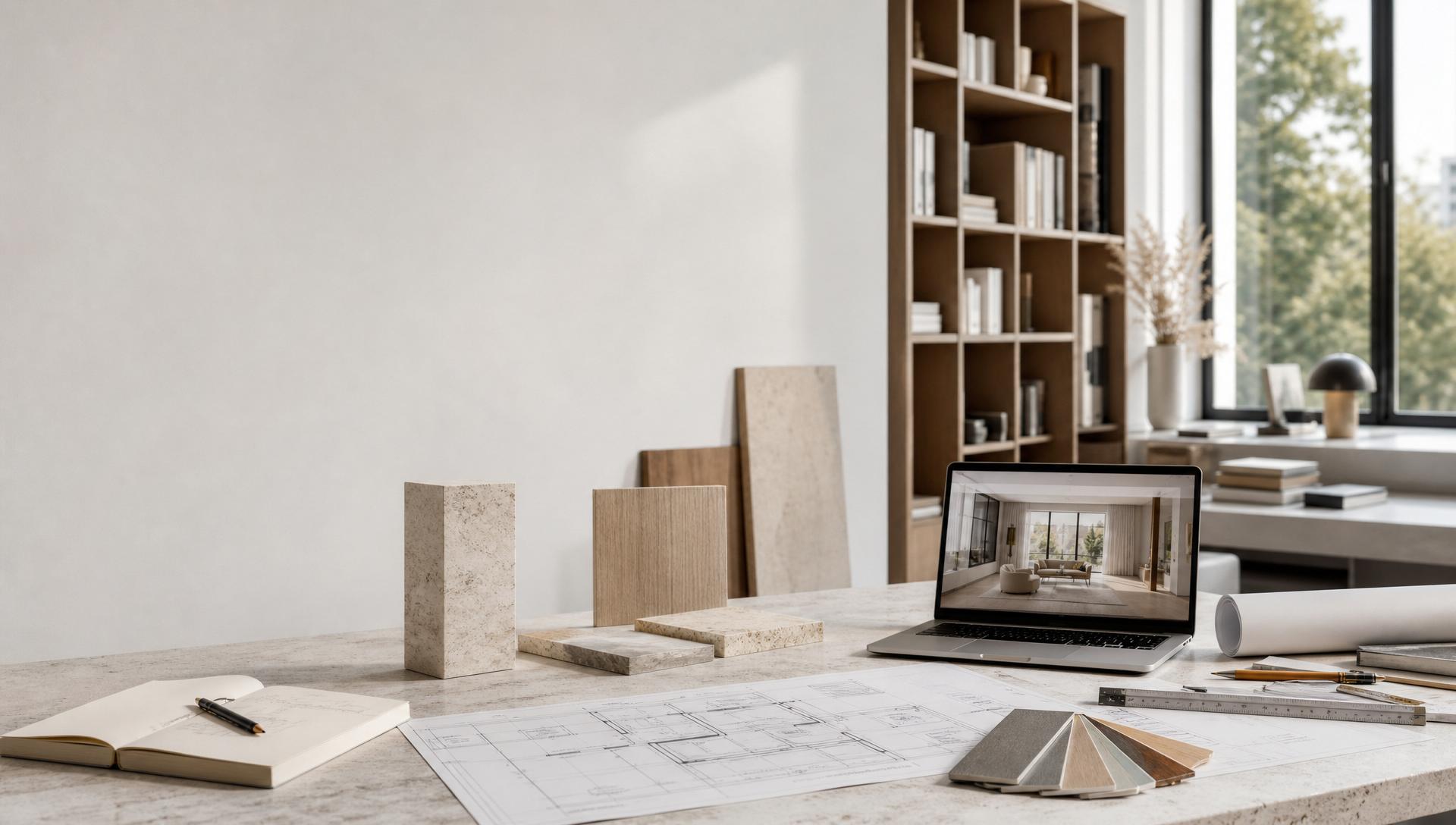 Studio di interior design con immagini, materiali e strumenti Design Bridge